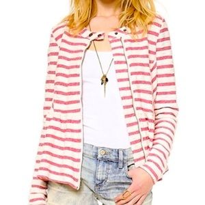 FREE PEOPLE size xs off white and pink striped peplum zip up jacket